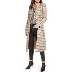 Something Navy Single Breasted Plaid Wool Blend Long Topper Coat Beige Size XS